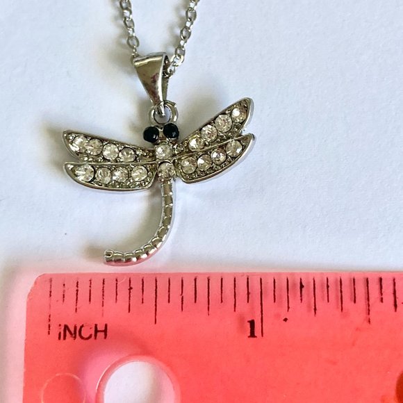 Dragonfly Necklace Crystal Silver Plated Pendant Insect Bug Sparkly 16-18" Chain - Picture 9 of 10